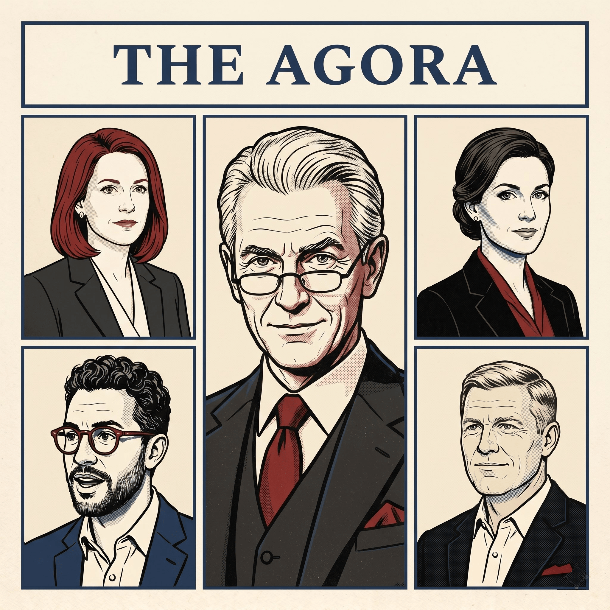 The Agora cover art — host Arthur Kline with panelists Eli Navarro, Nora Kessler, Grant Mercer, and Sloane Barrett, in heritage political-poster style.